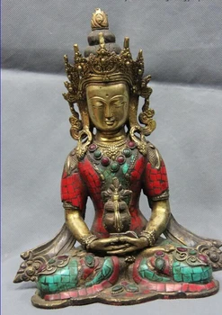 

USPS to USA S0137 10 Tibet Bronze Gilt inlay turquoise Ruby beryl Amitayus Sakyamuni Buddha Statue
