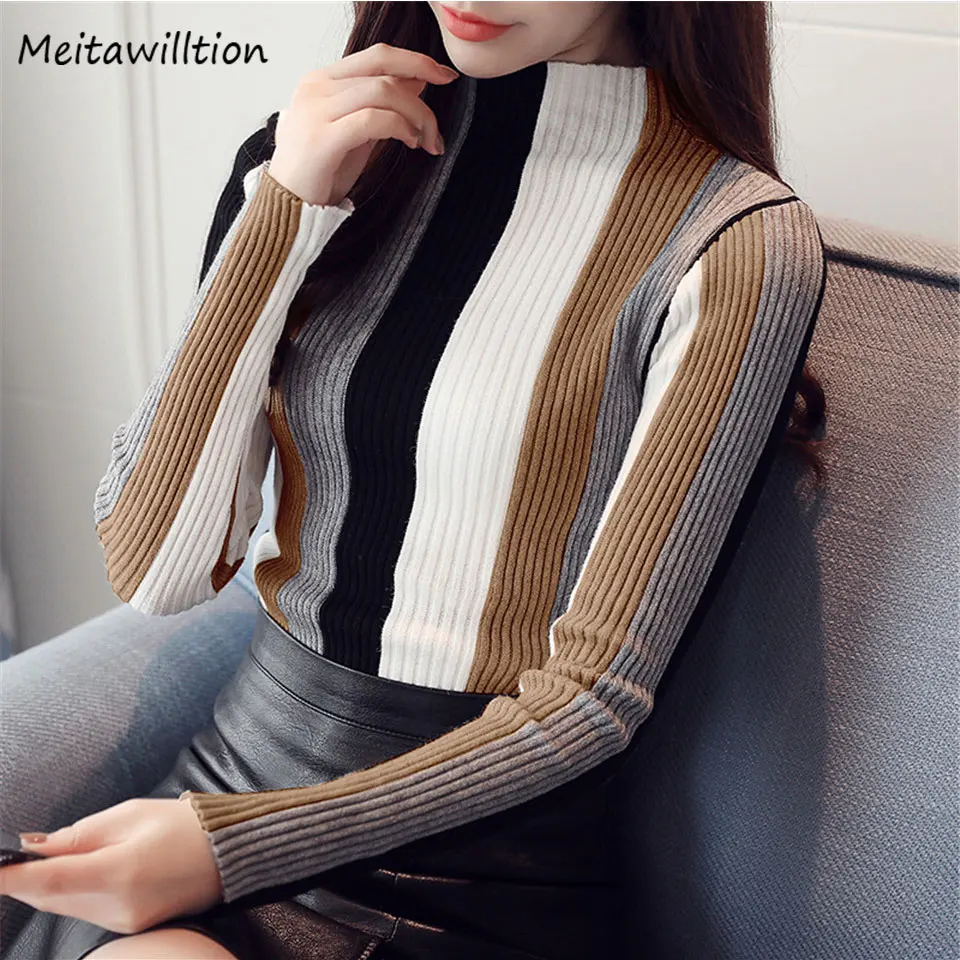 

Fashion 2019 Winter Clothes Women Tops Ladies Striped Pull Knitted Sweater Long Sleeve Knitted Pullover Turtleneck Sweater