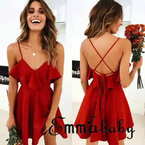 Women Summer Backless Short Red Party 