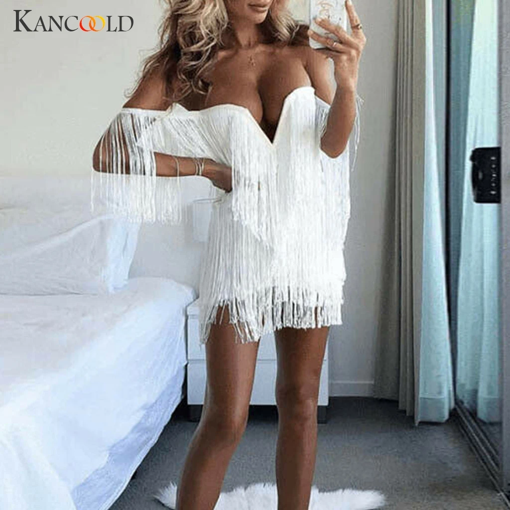 

KANCOOLD dress Womens Tassel Plunge Bodycon V-Neck Dress Summer Ladies Evening Party Lace Mini fashion new dress women 2019MAY8