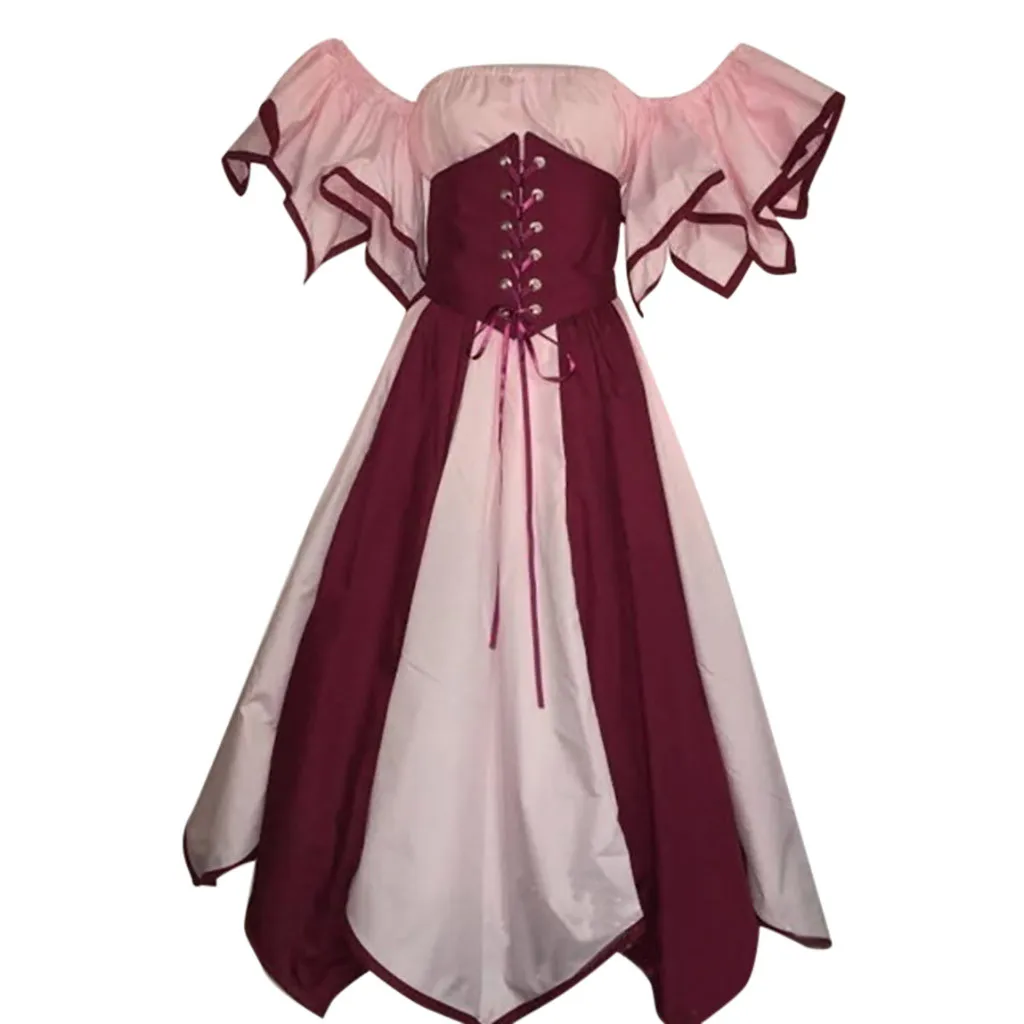

Feitong Vintage Women's Long Dress Ladies Sexy Off Shoulder Short Petal Sleeve Slash-Neck Medieval Cosplay Maxi Dress vestidos