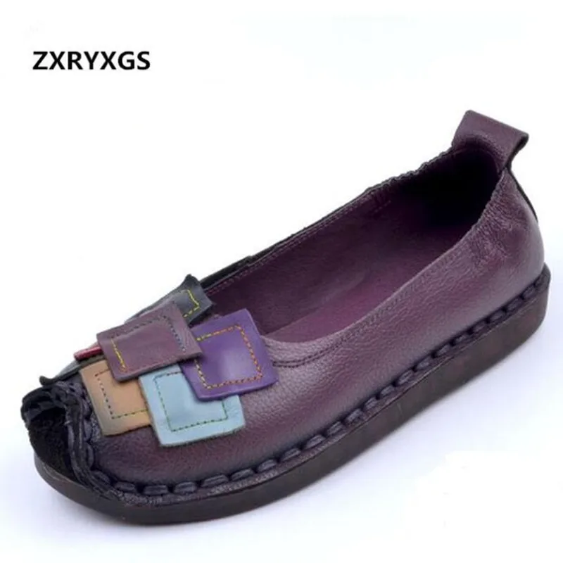 

2018 Spring New Retro Handmade Spell Color Cow Leather Flat Shoes Woman Comfortable Non-slip Women Flat Shoes Soft Fashion Shoes