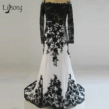 Magnífico Blanco y Negro Vestido de Noche de Gasa Fuera del Hombro Cuello Barco Apliques Sirena de Manga Larga Vestido de Noche Largo