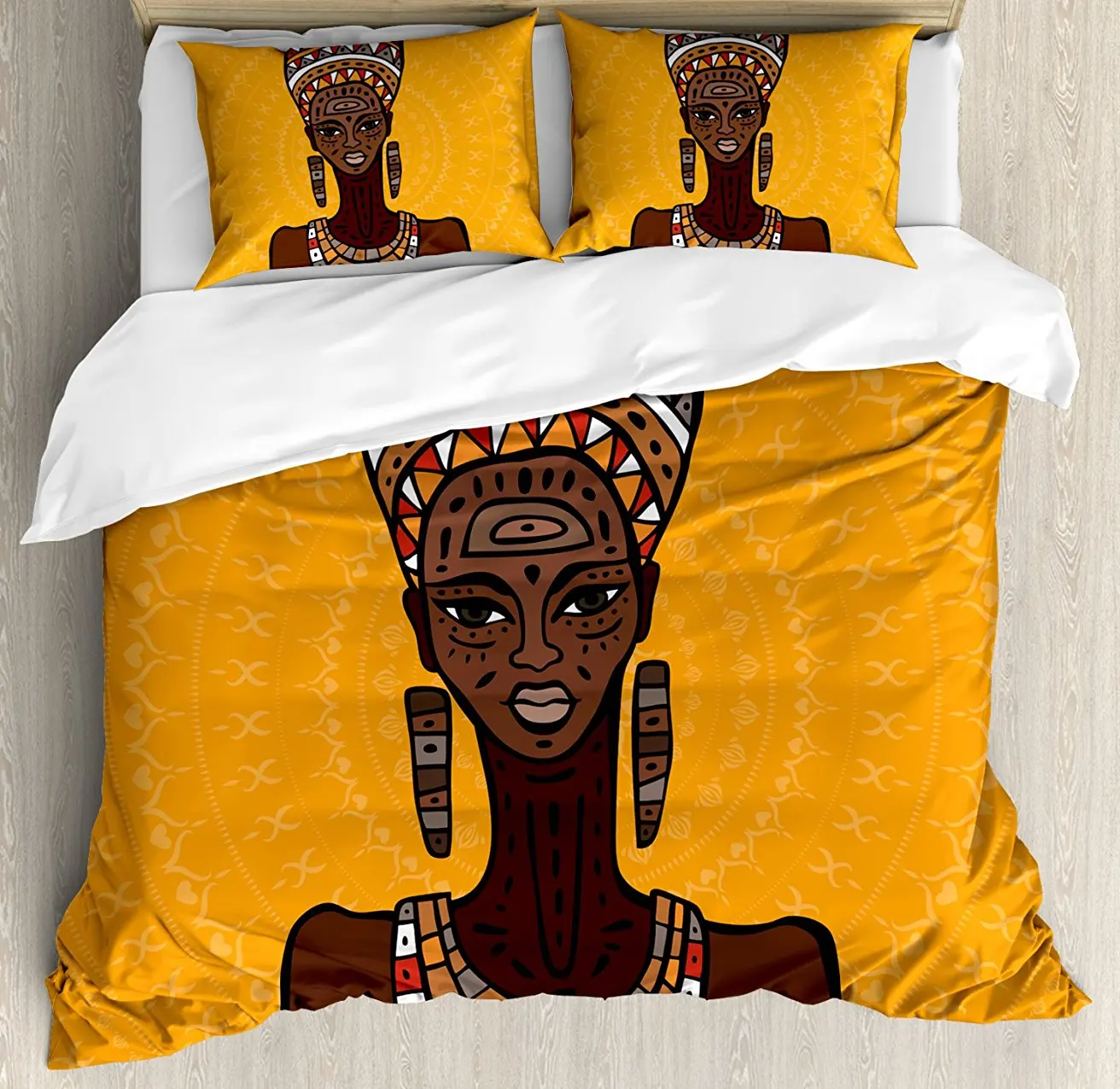 

African Woman Duvet Cover Set, Ethnographic Artwork African Tribe Woman Long Neck Folk Figures on Mandala 4 Piece Bedding Set