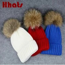 Зимняя шапка для девочек, Шапка-бини с помпоном из натурального меха енота, зимняя женская шапка, толстая теплая женская меховая шапка, Прямая