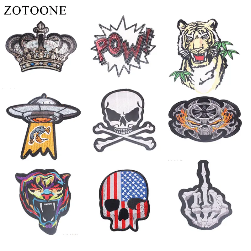 

ZOTOONE Skull Crown Patches Tiger Stickers Diy Iron on Clothes Heat Transfer Applique Embroidered Applications Cloth Fabric G