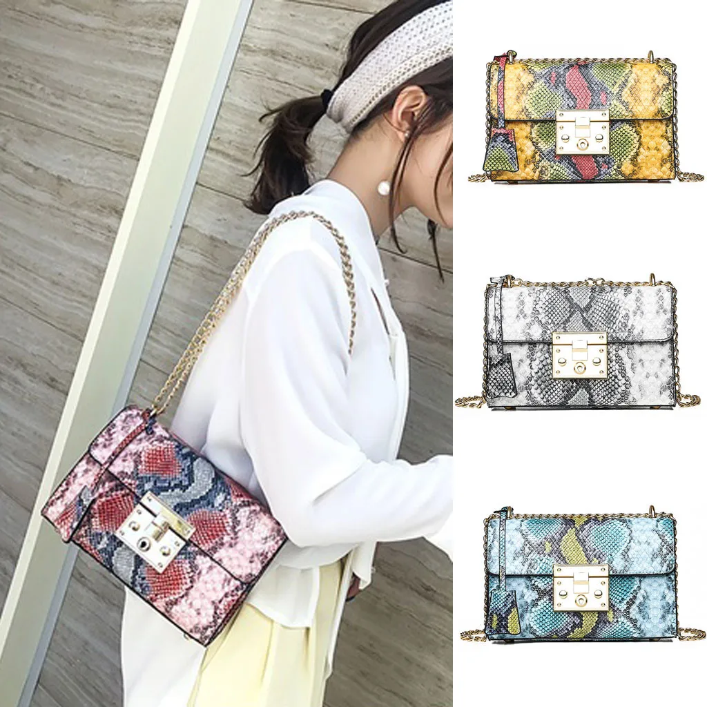 

Vintage Style Snake Skin Printing Square Bags Women Retro Serpentine Crossbody Messenger Single Shoulder Female Handle Chain Bag