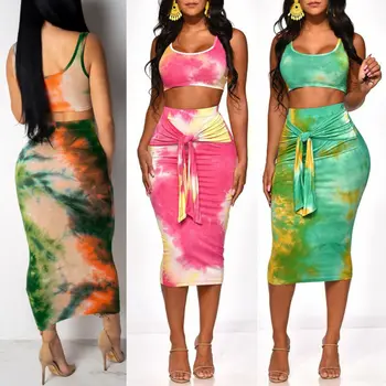 

2019 New Fashion Women Party Club Wear Print 2 Pcs Outfit Sets Sexy Fitness Crop Top + Long Bandage Skirts Slim Pencil Skirt