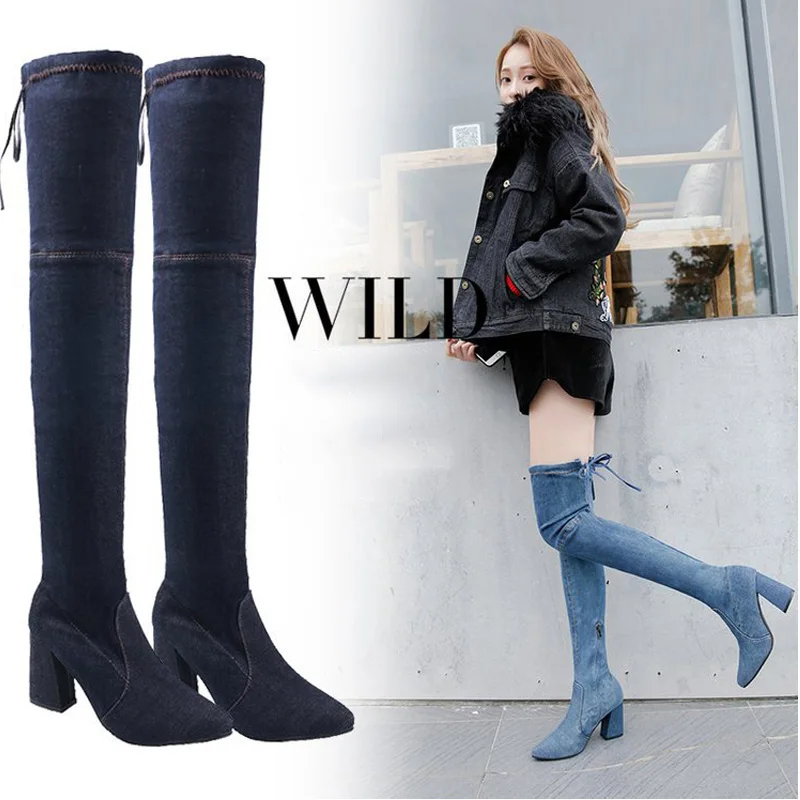 

Women Autumn Long Over The Knee Boots Shoes Ladies Sexy Party Elastic Jeans Motorcycle High Heel Boots Size 35-43 D50