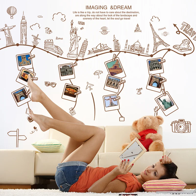 

[SHIJUEHEZI] World Travel Photo Frame Wall Stickers Famous Buildings Wall Decals for Living Room Family Memory Decoration