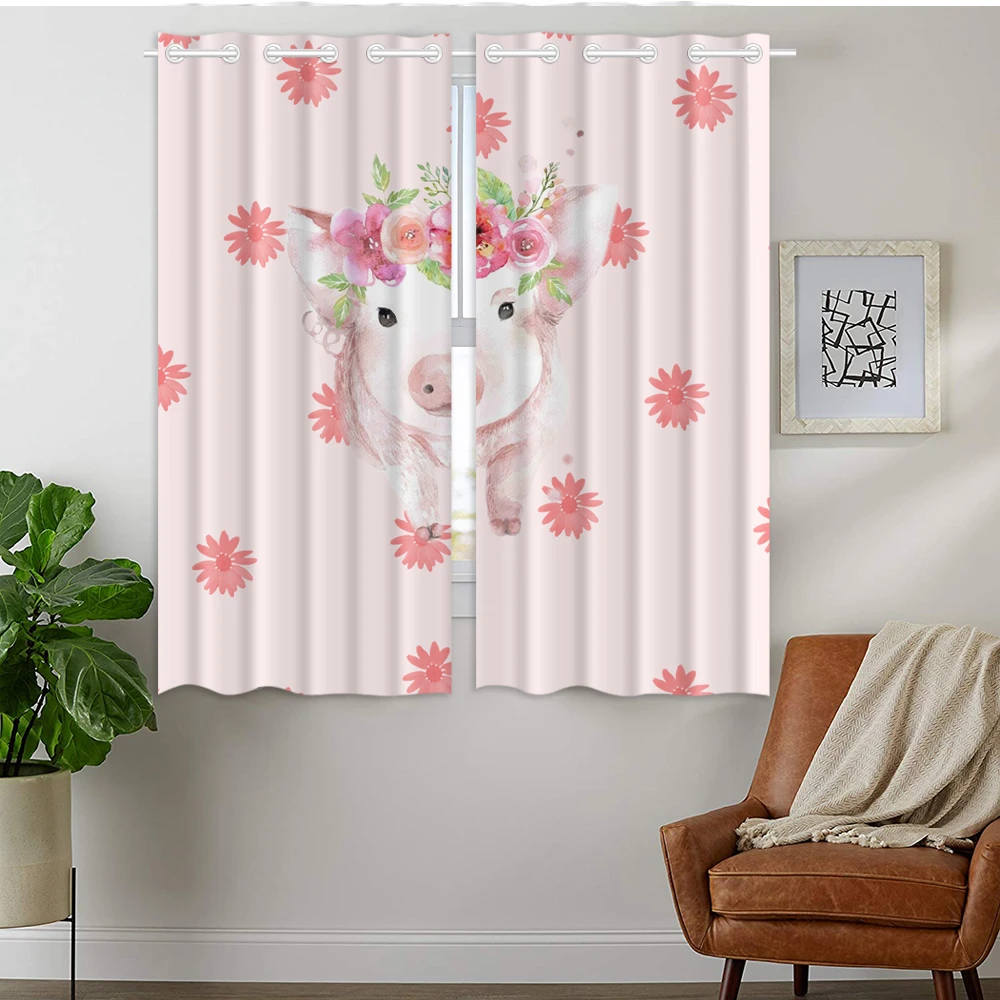 

Blackout Curtains Darkening 2 Panels Grommet Window Curtain for Bedroom Cute Pink Pig With Flower Piggy