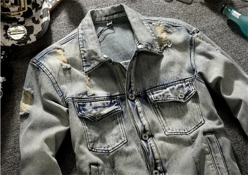 MORUANCLE Для мужчин Винтаж Рваные джинсы куртки Марка NEW FASHION Hi Street в стиле ретро; искусственно состаренные джинсовые куртки джинсовая куртка с высоким воротником для девочек; Верхняя одежда с отверстиями большие Размеры S-6XL