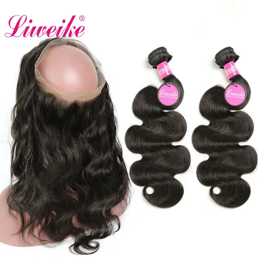 

Liweike Body Wave Bundles With 360 Lace Frontal Brazilian Human Remy Hair Full Ends 2 3 Bundle with Closure Free Part 1B Color