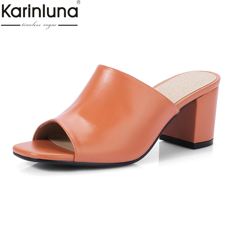 

Karinluna Fashion Genuine Leather Summer Women Shoes Lady Open Toe Elegant Party Shoes Woman Chunky Heels Mules Pumps