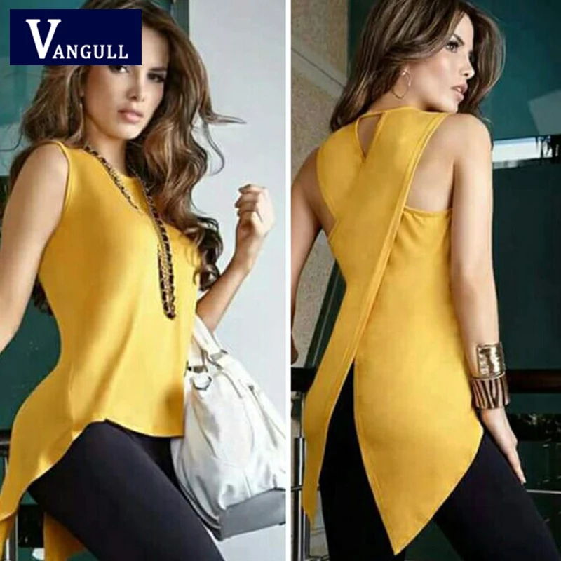

2019 Summer Fashion Sexy Women's Clothing Sleeveless Tanks Tops Irregular Back Crossover Shirt Solid Slim Female Casual Tanks