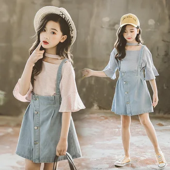 

2020 Summer Girls Clothes Outfits Teen Girls 2pcs Clothing Set Baby Children Clothes Set Striped T shirts + Denim Skirts Jeans