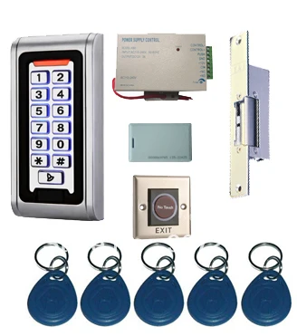 

Proximity Card Waterproof Standalone Access Control Kits/5pcs keyfobs+5pcs cards, Waterproof Metal Keypad,Electric Strike
