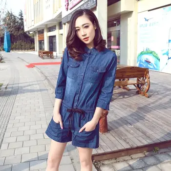 

spring and summer new stand collar seven points sleeve drawstring thin shorts denim casual jumpsuit female