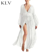 Women Lantern Long Sleeves Swimsuit Cover Up Dress Semi-Sheer V-Neck Solid Color 6 Buttons Drawstring Cardigan Chiffon slimming v neck color splicing patch pocket long sleeves cardigan for men