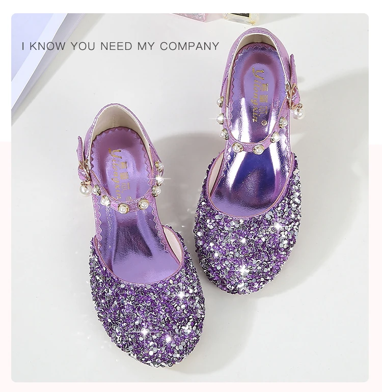 Г. Новые блестящие стразы на высоком каблуке для девочек, танцевальная обувь из искусственной кожи детская обувь для выступлений с жемчугом фиолетовый розовый серебряный
