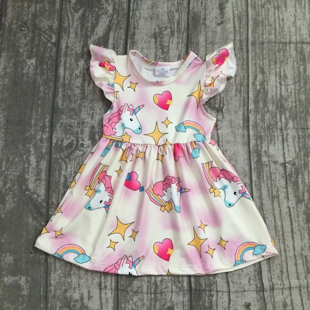 

EXCLUSIVE new 2018 Summer dress rainbow unicorn star hreat short sleeve dress baby kids girls boutique maxi dress milk silk