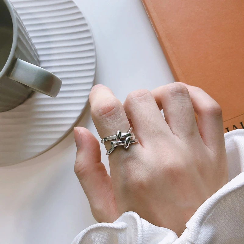 

Korean 925 Sterling Silver Tie Knot Ring Weave Adjustable Ring Temperament Wide Ring Women Fashion Big Rings Accessories Jewelry
