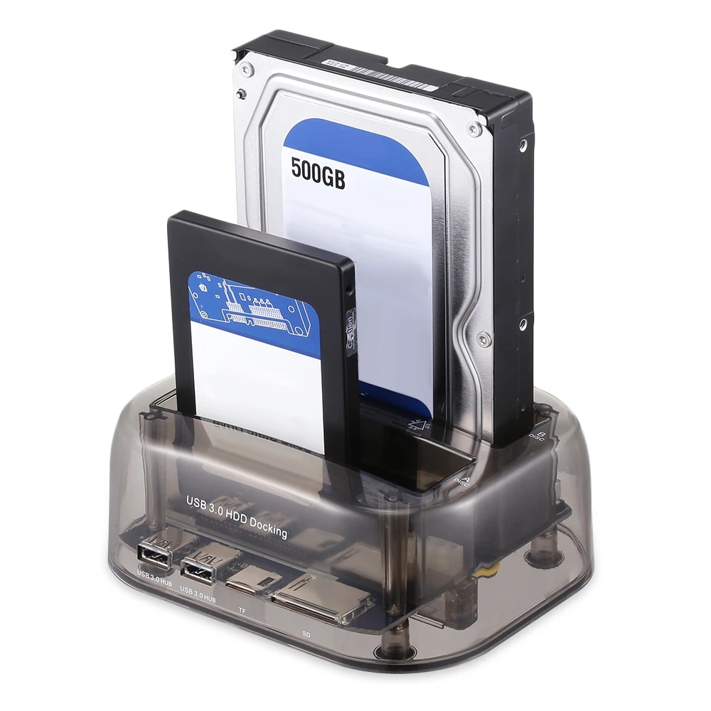 

Transparent USB 3.0 to SATA IDE Dual Bay 2.5"/3.5" Hard Drive Docking Station With TF SD Card Reader and 2 Ports USB 3.0 Hub
