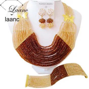 

Laanc Gold and Brown Nigerian Wedding African Beads Jewelry Set Crystal Necklace Sets for Women AL452