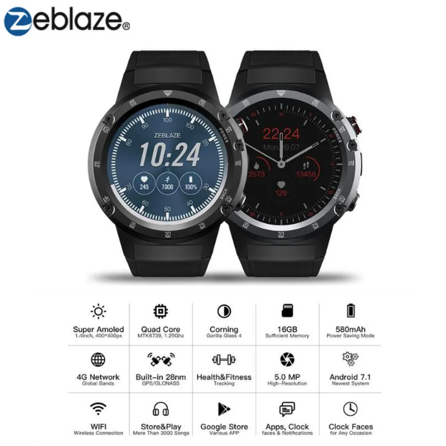 

Zeblaze THOR 4 Plus 4G Global Bands SmartWatch GPS/GLONASS Android Watch Quad Core Offline Music Smart Assistant Smart Watch Men