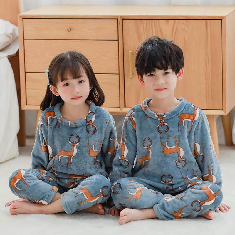 Детские фланелевые пижамные комплекты зимняя теплая детская одежда для сна Одежда для маленьких девочек одежда для сна с длинными рукавами для мальчиков Пижама с животными - Цвет: blue deer