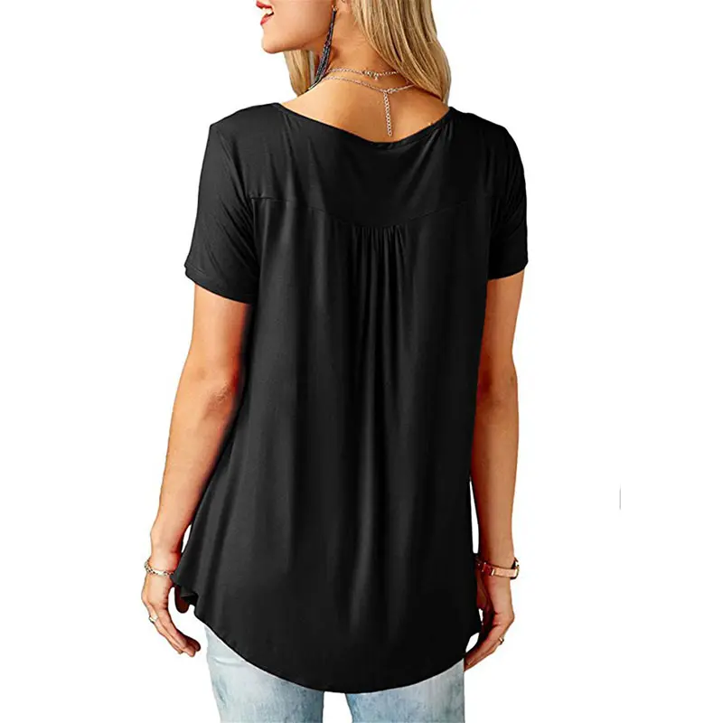 Women'S Summer Casual Short Sleeve T-Shirts Ruffle Button Up Split Neck Blouse Tunic Top Female 2018 Fashion Solid Loose Tees (24)