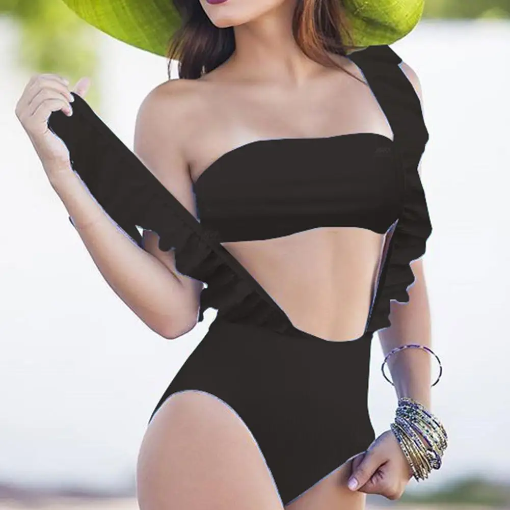 

HobbyLane Fashion Women Solid Color One-piece Falbala High Waist Swimming Suit