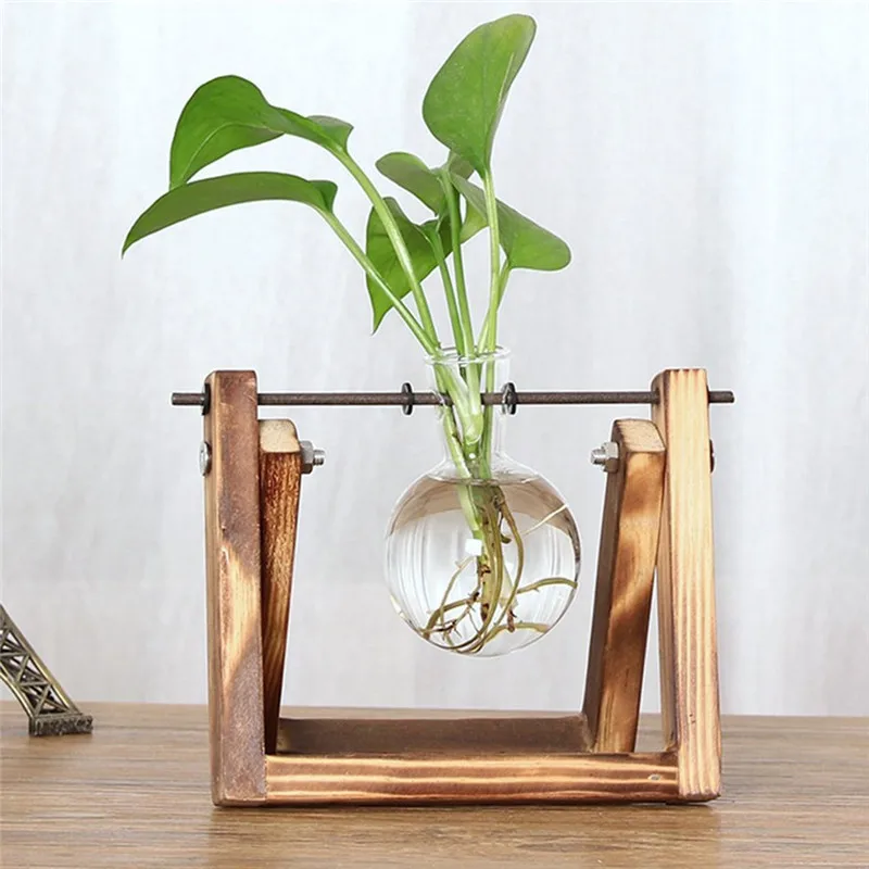 Настольная стеклянная ваза для растений с ретро твердой деревянной подставкой и металлическим поворотным держателем для гидропоники для украшения дома и офиса