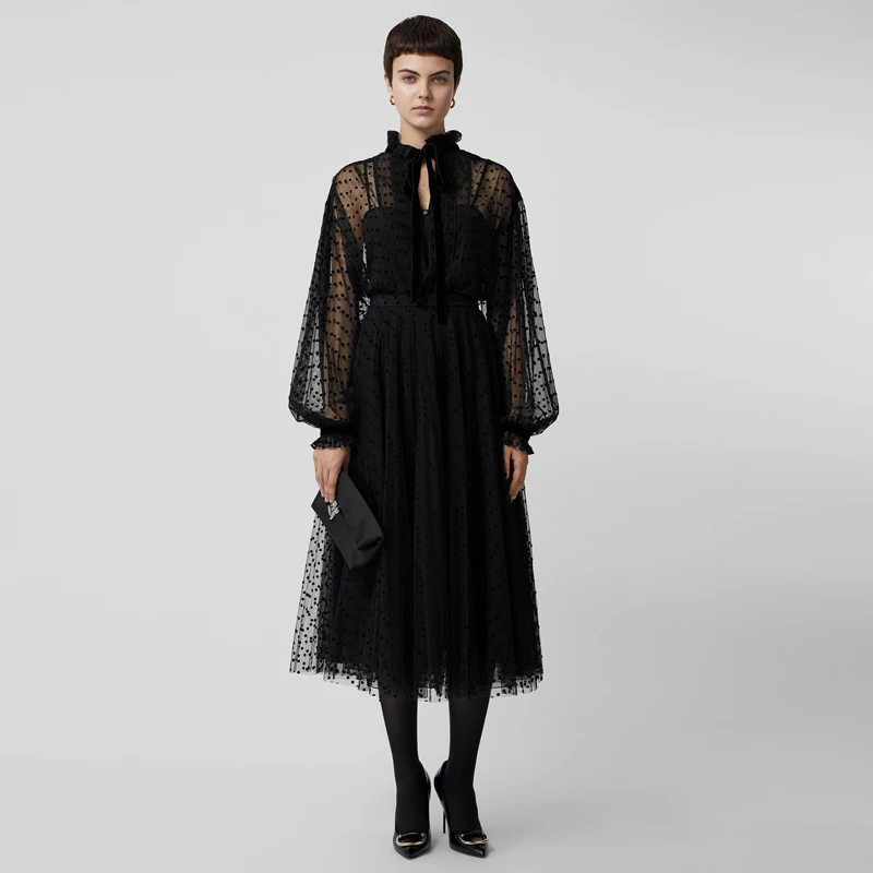 Женское Сетчатое подиумное платье в горошек, прозрачное, с длинным рукавом, ТРАПЕЦИЕВИДНОЕ, до середины икры, черное, винтажное платье, женские платья-рубашки