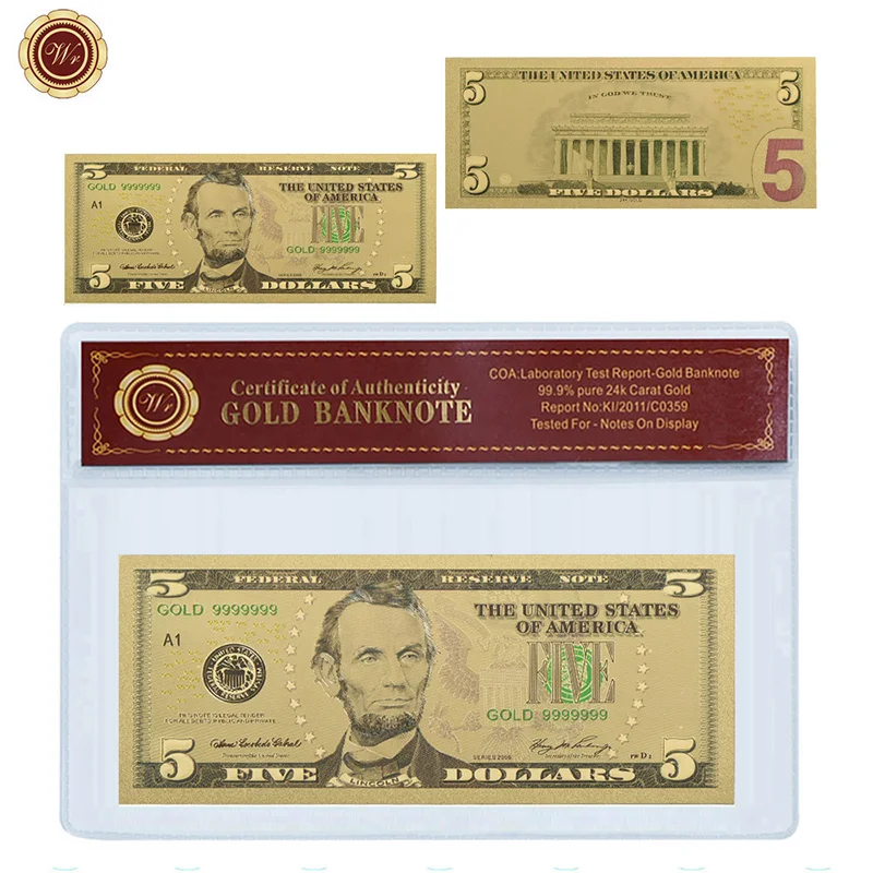 Home Decorative Souvenir Gifts 5 Dollar 24k Gold Plated Bill Note with COA Frame