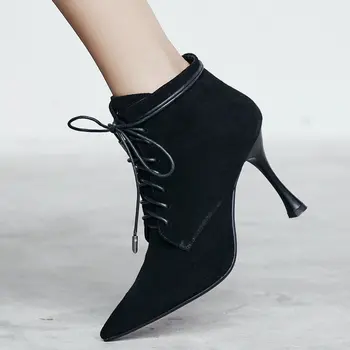 

Genuine Leather Ankle Boots Woman Fashion Sexy High Heel Shoes Ladies Party Wedding Short Boots Big Shoes Woman Elephant gray