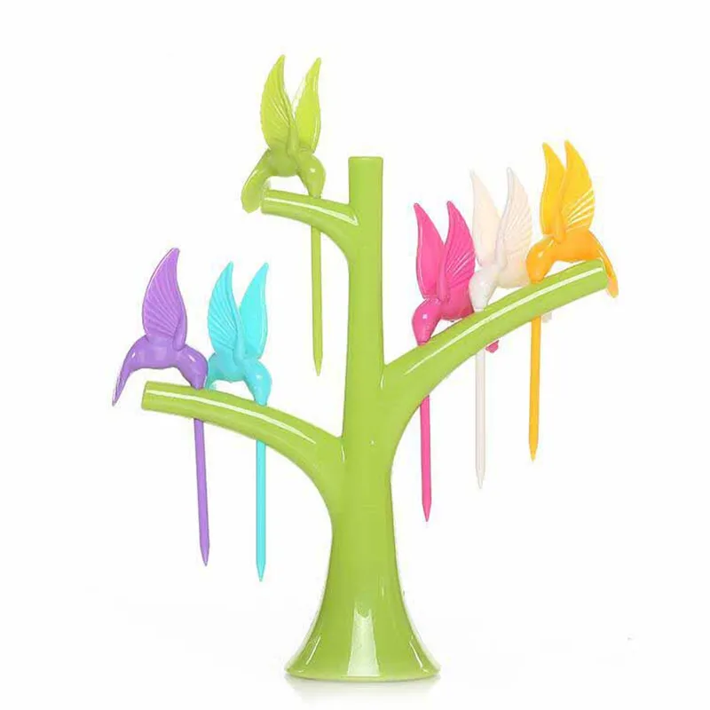 

Tableware Dinnerware Sets Creative Fruit Fork Tree Birds Design Plastic Vegetable Plastic Fork Kitchen Tool