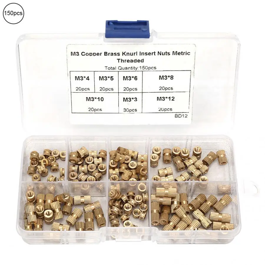 

150pcs M3 Brass Knurl Insert Nuts Threaded Assortment Set Kit with Plastic Storage Box wood