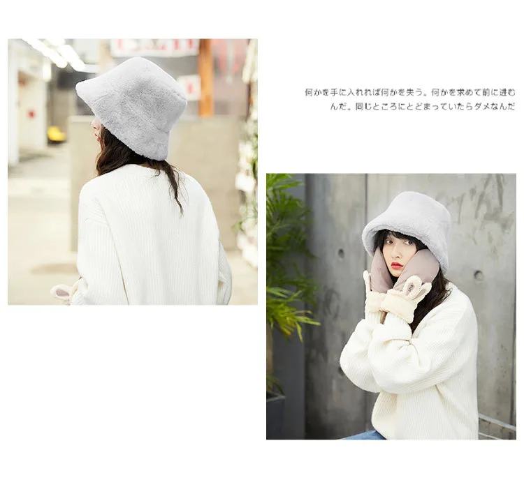 Fur Thick Warm Winter Bucket Hat Women Solid Color Girls Flat Top Velvet Fedoras Ladies Plush Bob Feminios Fashion Gorras