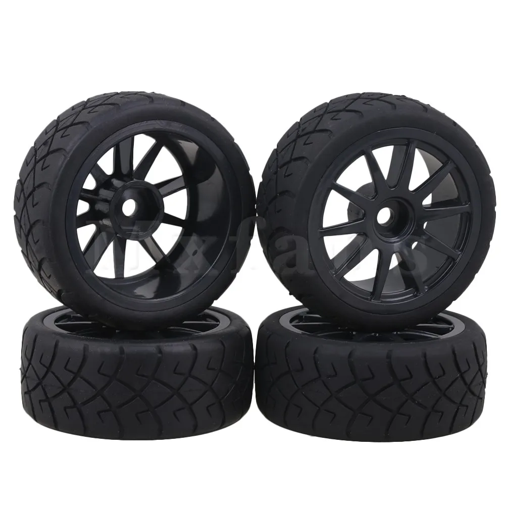 

Mxfans 12mm Hex Black Plastic Wheel Rims + X Pattern Rubber Tires for RC 1:10 On Road Racing Car Pack of 4
