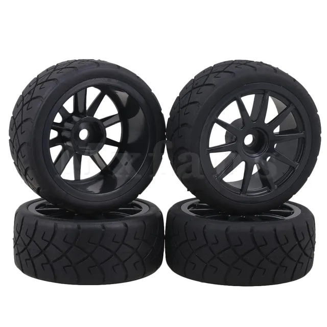Best Price Mxfans 12mm Hex Black Plastic Wheel Rims + X Pattern Rubber Tires for RC 1:10 On Road Racing Car Pack of 4