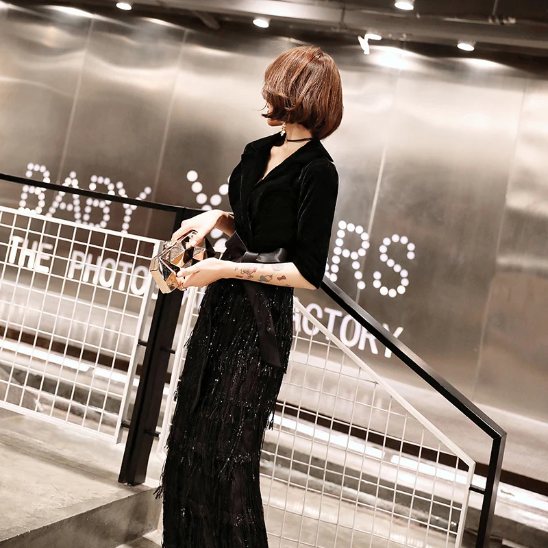 weiyin Black Velvet Evening Dresses Long Mermaid V-Neck Formal Dress Sequined Abendkleider Women robe de soiree longue WY1260