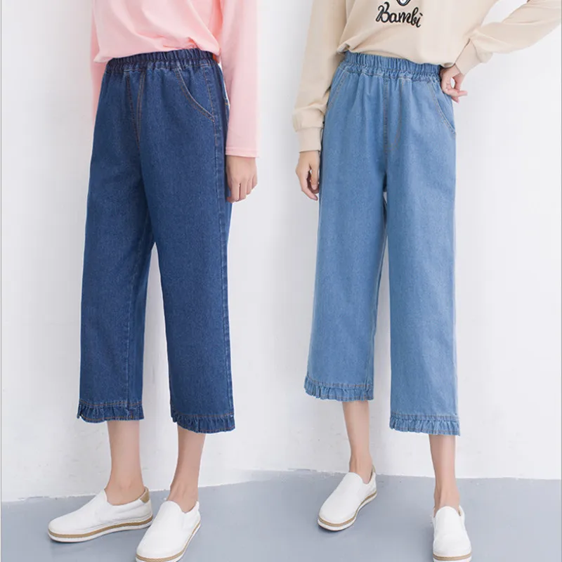 

Plus Size S-5XL Woman Ruffles Denim Jeans 2018 Spring Summer Elastic Waist Wide Leg Pants Female Loose Solid Ankle-Length Pants