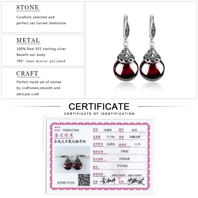 EDI Retro Flower Garnet Pendant Necklace and Drop Earrings For Women 100% 925 Sterling Silver Simulated Gemstone Jewelry Sets