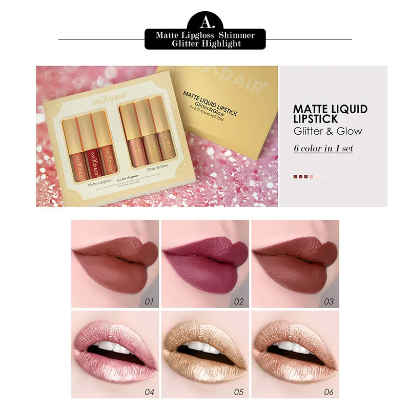 MIXDAIR Lipstick Matte Lipgloss Set Waterproof Long-lasting Mosturizing Glitter Lip Sticks 6 Colors Beauty Makeup Set MIXDAIR Lipstick Matte Lipgloss Set Waterproof Long-lasting Mosturizing Glitter Lip Sticks 6 Colors Beauty Makeup Set