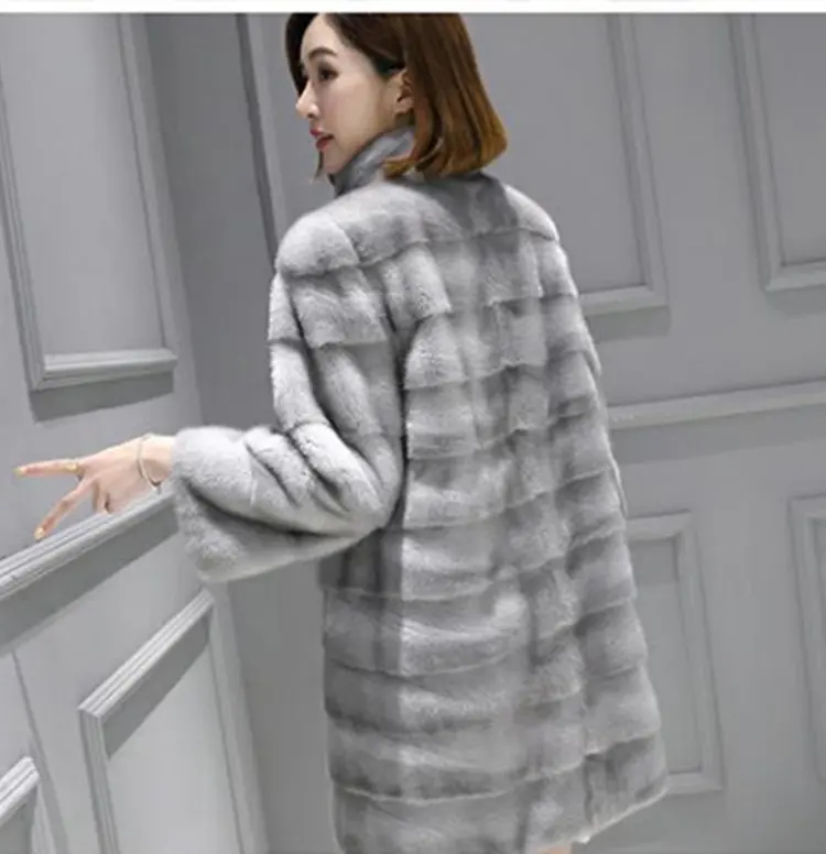 Зимнее теплое Норковое Пальто с воротником-стойкой, винтажное женское длинное пальто с капюшоном, свободная однотонная верхняя одежда из искусственного меха норки - Цвет: Серый