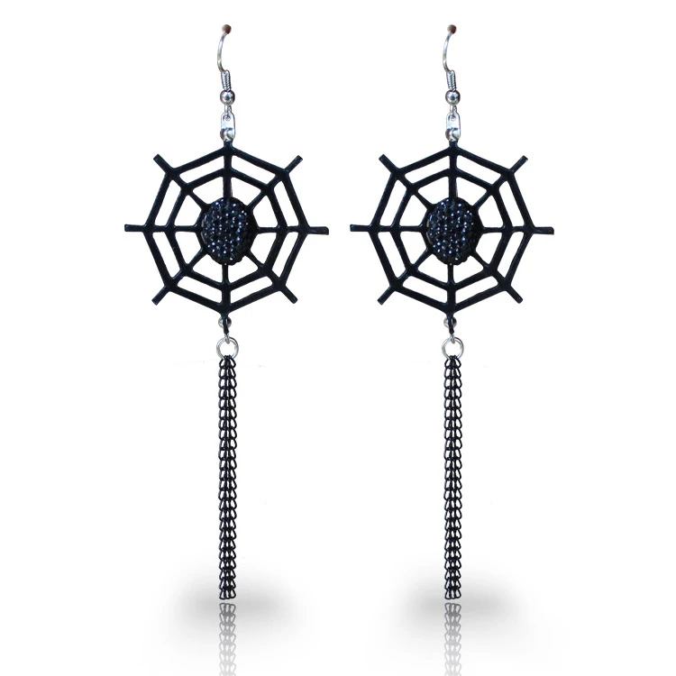 

New Women Earrings Black Rhinestone PU Leather Spider Web Chain Tassel Dangle Gothic Halloween Girl Hook Earring Fashion Jewelry