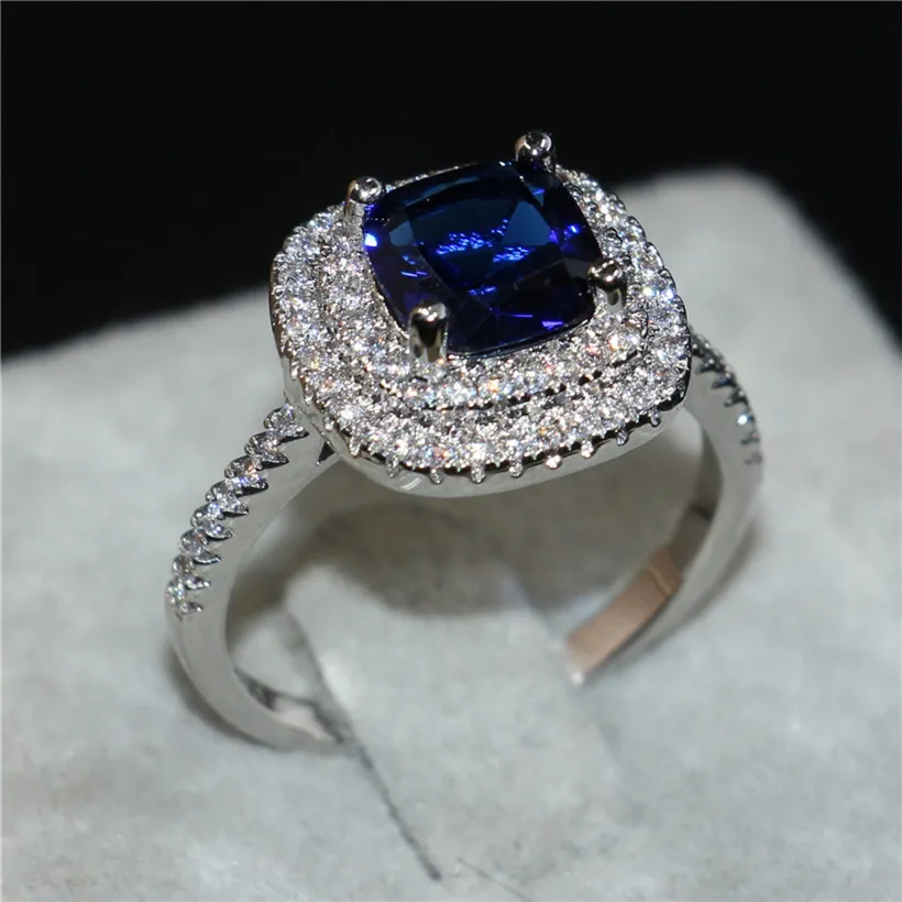 

Brand Solid 925 Sterling Silver ring Luxury Princess-cut blue 4ct Diamant 2 Surround Pave setting cz Wedding Band Ring For Women