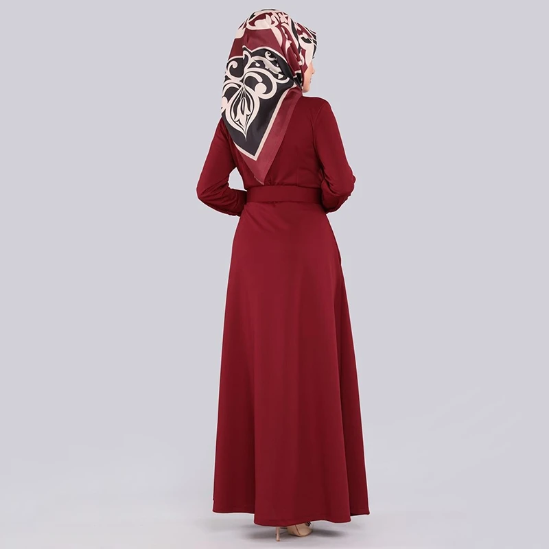 WEPBEL Arab Dubai Muslim Maxi Dress Casual Fashion Pure Color Long Sleeve Attached Belt Slim Fit Big Swing Lapel Islamic Apparel