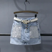 Женские юбки со стразами и бриллиантами, джинсовые, короткие, прямые, Сексуальные клубные юбки наивысшего качества